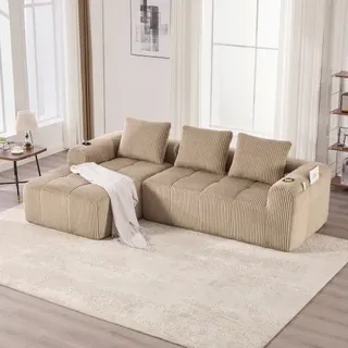Kompakt-sofa Aus Cord – Weich, Modular & Alltagstauglich Mit Seitentasche Und Getränkehalter. Hochwertiger Komfort Für Langes Sitzen, Inkl. 3 Kissen. Ideal Für Wohnzimmer, Arbeitszimmer & Mehr. Khaki