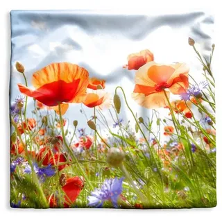 MuchoWow Dekokissen Blumen - Mohn - Frühling - Natur - Rot - Blau, Kissenbezug ohne Füllung, Kissenhüllen, 60x60 cm bunt Quadratisch | 60 cm x 15 cm x 60 cm