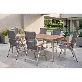 STERN Cardiff Garten-Essgruppe, silber/silbergrau, Edelstahl/Teak, Tisch 200 x 100 cm, 6 Klappstühle