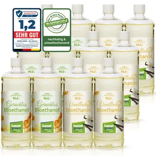 KieselGreen Bioethanol 12 x 1 Liter Sets (6X Geruchlos + 6X Duft) für Ethanol-Kamin - Bio Ethanol als Raumduft, viele Duftnoten (6X Geruchlos + 6X Vanille)