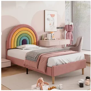 Flieks Polsterbett, Kinderbett mit verstellbarem Regenbogen-Kopfteil 90x200cm Samt rosa 90 cm x 206 cm x 123.5 cm