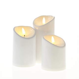 LED Kerzenset 3D Flamme - Outdoor Kunststoff Kerze - flackernd - Timer - wetterfest für Außen - weiß (3er Set)
