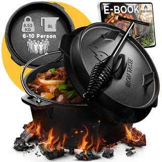 IRON TASTE Dutch Oven Set 9L - Eingebrannter Dutch Oven 9 Liter - Feuertopf Gusseiserner Topf mit Füßen & mit praktischem Deckelheber [für 6-10 Personen]