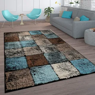 Paco Home Designer Teppich Wohnzimmer Ausgefallene Farbkombination Karo Türkis Braun Creme, Grösse:70x250 cm