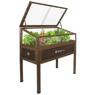 QLS Gewächshaus Mini Vintage für Balkon 110x55 cm, aus Holz Hochbeet Frühbeet Terrasse braun