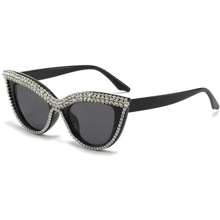LJCZKA Vintage Katzenauge Sonnenbrille Damen Diamant, Retro Katzenaugen Sonnenbrille mit Strasssteinen Kleine Brille Strass Frauen mit UV-Schutz - M