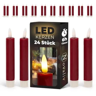 Novaliv LED Stabkerzen 24 Stück ECHTWACHS ROT mit Timer Funktion 6 Stunden 15cm Höhe für Kerzen 2,2cm Durchmesser 2 AAA Batterien notwendig LED Stabkerzen 4er Set 6X bewegliche Flamme