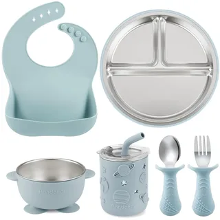 PandaEar Edelstahl Baby Geschirrset mit Silikonhülle – Teller, Schüssel, Becher mit Löffeln & Gabeln – BPA-freies Fütterungsset für Kleinkinder