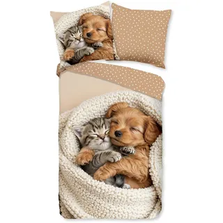 Traumschlaf Pfotenfreunde Flanell Beige 155 x 220 cm + 80 x 80 cm