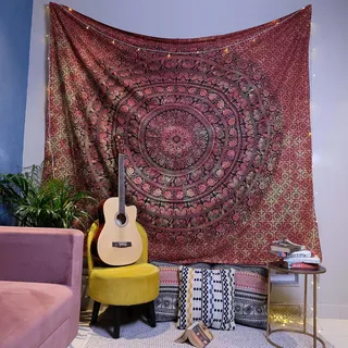 Craft Trade Mandala Orange Wandteppich Indische Wandtuch Tapestry Wandbehang Boho Wandteppiche für Heimdeko Wohnzimmer und Schlafzimmer - 137 x 213 cm