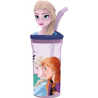 Disney Frozen Elsa und Anna 360 ml blaue Plastikbecher mit Strohhalm und 3D Figur