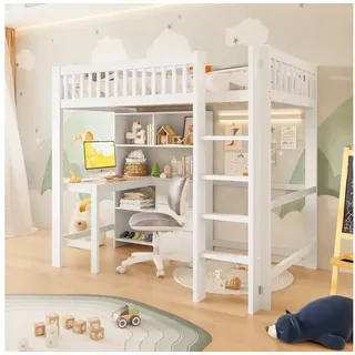 Merax Hochbett Sicherheitsgeländer und Lattenrost (1-St., Etagenbett Jugendbett Einzelbett aus Kieferholz & MDF) Kinderbett 90x200cm mit Schreibtisch, 3 Schubladen, Schrank & Leiter weiß 106 cm x 205 cm x 180 cm