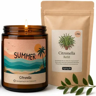 Citronella Kerze [Wiederauffüllbar mit Refill-System] 70-140h Brenndauer– Sojawachs Anti Mücken Kerze mit natürlichem Citronellaöl für Terrasse & Balkon – Handgemacht in Berlin