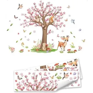Wandtattoo Mit Rosa Kirschblüten - Großes Wandtattoo Mit Waldtieren - Wanddekoration Mit Fuchs Und Reh - Kinderzimmer - Babyzimmer - Wohnzimmer