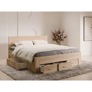 Lukas Möbel Holzbett Doppelbett Mons 180x200 cm mit 2xBettkasten und 3xSchubladen, mit extra viel Stauraum, in weiß oder Eiche Sonoma braun
