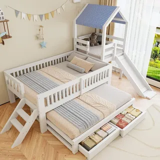 Flieks Kinderbett 90x200cm mit Ausziehbett 90x190cm, Kinderbett Hausbett mit Rutsche und Dach, Holzbett Hochbett mit Leiter und Schubladen, Weiß - Weiß