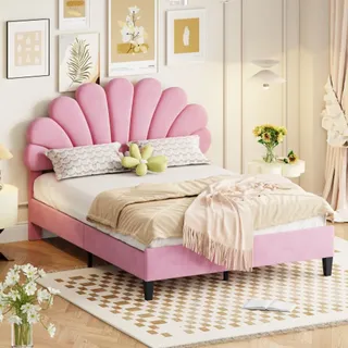 CDGlobal Polsterbett Doppelbett 140 x 200 cm, Polsterbett mit Blumenform-Kopfteil und Lattenrost Doppelbett Kinderbett Samt, Gästebett Rosa - Rosa