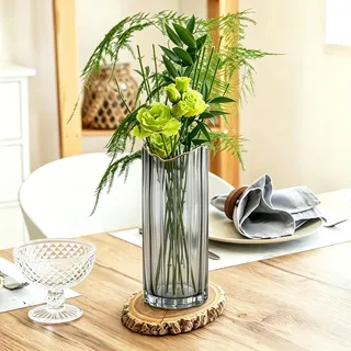 LOMUG Gerippte Glasvase 30 cm Klar, Blumenvase Glas, Vase mit Goldener Kante und Unregelmäßigem Wellenrand, Große Glasvasen für Trockenblumen Frische Blumen Geschenkidee (Grau Goldrand)