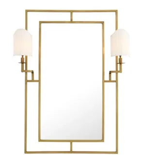 Casa Padrino Luxus Designer Wandspiegel Messing mit zwei Lampenhaltern, 113 x H 140 cm