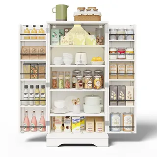 Merax Küchenschrank, Vorratsschrank mit LED, Verstellbare Einlegeböden, Gewürzregal, Buffetschrank mit 3D-Wellenmuster-Türen, Hochschrank Küchenbuffet für Küche, Esszimmer, 60x40x120,5cm (Weiß)