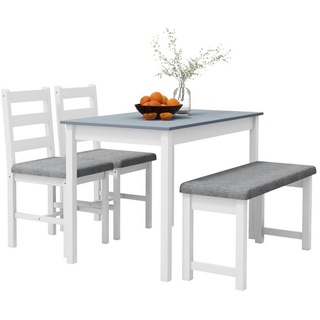HOMCOM Essgruppe Esstisch mit 2 Gepolsterten Stühlen, Bank, (Esszimmergruppe, 4-tlg., Esstisch-Set), mit Leinenoptik grau|weiß