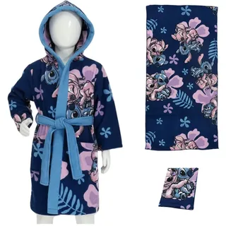 Disney Kinderbademantel Disney Stitch Angel Kinder 3 tlg Set Bademantel Handtuch Handschuh, Polyester, Kapuze, Gürtel, Gr. 98 bis 128 bunt 110/116