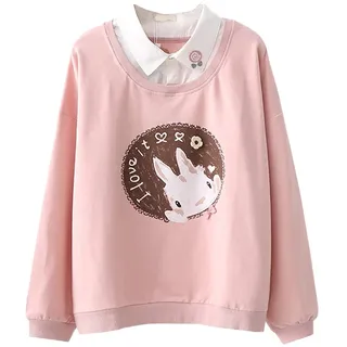 Teenager Rosa Sweatshirt Frühling Herbst Baumwolle Patchwork Pullover Bunny Print Dünne Tops - Pink - Medium - M