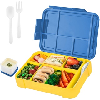 GAESHOW Brotdose Kinder mit Fächern, 1330ml Lunchbox für Kinder, Auslaufsicher Bento Box mit Gabeln und Löffeln, Jausenbox für Kindergarten, Schule (Blau Gelb)