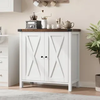 Crevyteg Sideboard Küchenschrank mit Tür, Buffets Sideschrank mit Arbeitsfläche, Aufbewahrungsschrank Landhausstil, Küchenbuffet Kaffeebar Schrank für Küche, Wohnzimmer, 76 x 40 x 80cm, Weiß+Walnuss