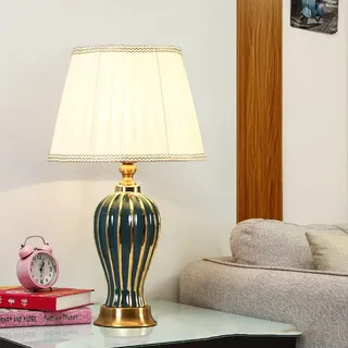 Moderne minimalistische Grün Keramik romantische warme dekorative Tischlampe Tischleuchte Kreativ Stoff Lampenschirm Schlafzimmer Nacht Wohnzimmer Studie Büro Nachttischlampe E27 (Grün)