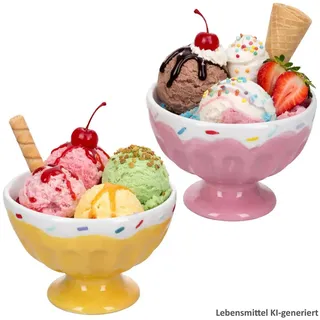 MamboCat Eisschale MamboCat 2er Set Eisbecher Sunny auf Fuß Rosa Gelb Ø12,5cm Obstschale, Steingut bunt