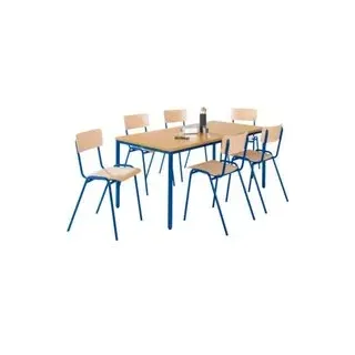 Sparset Stapelstühle, Buchenholz, Gestell blau, B 450 x T 520 x H 770 mm, 6 Stück + Tisch, Buche-Natur, Gestell blau, L 1600 x B 800 x H 720 mm