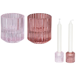 Levandeo® Teelichthalter, 2er Set Kerzenhalter Teelichthalter Glas Rosa Pink 2in1 Stabkerze Tischdeko