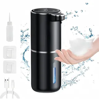 Seifenspender Automatisch mit Sensor Infrarot, 4 Stufen einstellbar&Batterieanzeige, 380ml Elektrischer Seifenspender, USB-Aufladung, IPX5, Schwarz