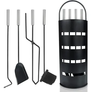 Aufun Kaminbesteck Edelstahl 5-teilig Modern Kamin Zubehör Set Kamingarnitur inkl. Besen, Schaufel, Schürhaken, Zange und Ständer mit Sichtschutz, Schwarz
