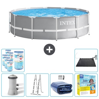 Intex Round Prism Frame Swimming Pool – 366 x 99 cm – Grau – inklusive Pumpe – Leiter Sonnensegel - Wartungspaket - Filter - Solarmatte