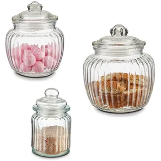 KHG Bonbongläser 3er Set, in verschiedenen Größen, mit Deckel, Candy Bar Gläser luftdicht, Vorratsgläser Süßigkeiten, Bonbons & Cookies, Küchengläser geriffelt mit Knopfgriff