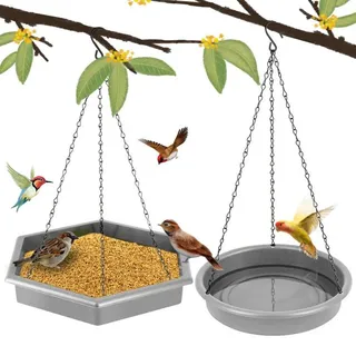 Vogeltränke Vogelfutterspender zum Aufhängen, 2 in 1 XL Vogelfutterstation Hängend & Vogelbadewanne für Außenbereich, Futterspender Wildvögel Vogelfutterhaus zum Aufhängen (Dunkelgrau)
