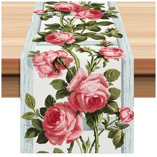 LAPAPRO Tischläufer Rosa Rose Leinen Tischläufer Druck Pastoraler Stil Tischdekoration, Digitaldruck rosa