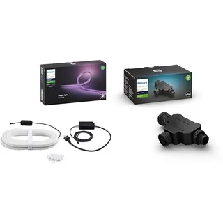 Philips Hue White & Color Ambiance Outdoor Lightstrip (5 m) & Outdoor T-Stecker, Zubehör Niedervolt-System, schwarz, wetterfest (IP67)