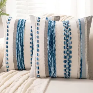 Set Mit 2 Kissenbezügen Im Boho-stil, 45 X 45 Cm, Landhausstil, Dekorativ, Quadratisch, Gestreift, Chenille, Für Schlafsofa, Himmelblau
