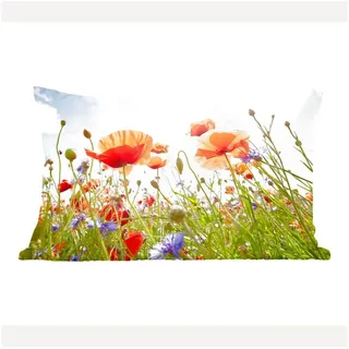 MuchoWow Dekokissen Blumen - Mohn - Frühling - Natur - Rot - Blau, Dekoration, Zierkissen, Kissen mit Füllung, 50x30 cm bunt Rechteckig | 50 cm x 15 cm x 30 cm