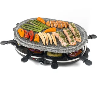 Giles & Posner 8-tlg. Tisch-Raclette-Grill – 1200W Steinplatte, 8 antihaftbeschichtete Pfännchen, 8 Spatel, 43x30cm Grillfläche, einstellbare Temperatur, Grillen/Servieren am Tisch
