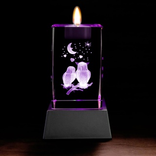 Kaltner Präsente Stimmungslicht LED Kerze/Kristall Glasblock / 3D-Laser-Gravur Teelichthalter Verliebte Eulen inklusive LED Beleuchtung