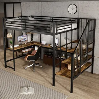 Merax Etagenbett Hochbett 120x200cm mit Ladeanschluss, Sichere Ecktreppe, Eisenbett mit Schreibtisch mit Tastaturablage, Eisen+MDF, Schwarz + Dunkel - Schwarz