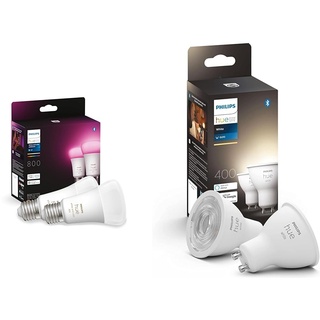 Philips Hue White & Color Ambiance E27 LED Leuchten 2-er Pack, 2x800 & White GU10 LED Spots 2-er Pack (400 lm), dimmbare LED Lampen
