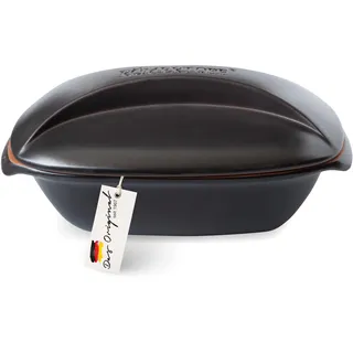 Römertopf Bräter Culinario 3 L Schmortopf Keramik mit Deckel, Schwarz | Für 4 Personen, oval, zum Schmoren, Braten und Dampfgaren im Backofen, glasierte Keramik, spülmaschinengeeignet