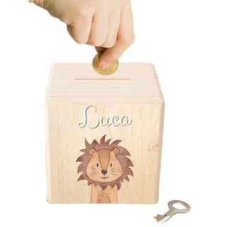 wunderwunsch Personalisierte Kinderspardose, Spardose Junge, Mädchen | Holzspardose Kinder personalisiert, Taufgeschenke für Kind, Baby Geschenk Geburt, Holz Sparschwein mit Schlüssel