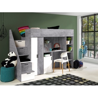 Unique Home Hochbett Kinderbett KON14, mit Schreibtisch, Kleiderschrank und Regale