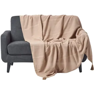 Homescapes Wohndecke Rajput beige – leichte Baumwolldecke 225x255 cm, Tagesdecke aus 100% Baumwolle, Sofaüberwurf handgewebt mit Streifenstruktur, Couch-Überwurf mit Quasten, Oeko-Tex